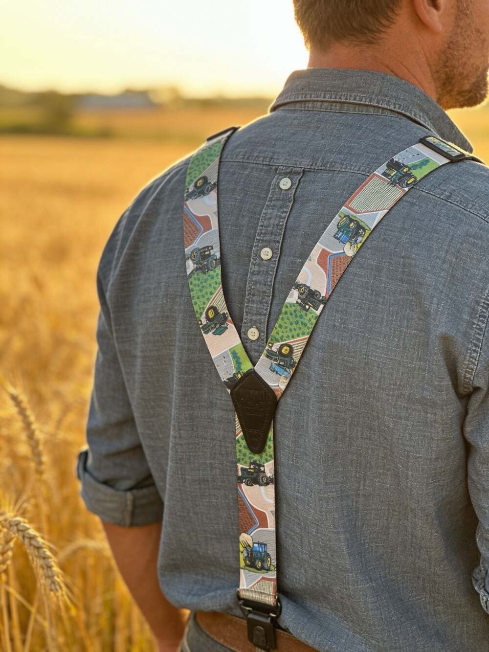 Perry Suspenders Green Tractor Print Belt Clip Suspenders
